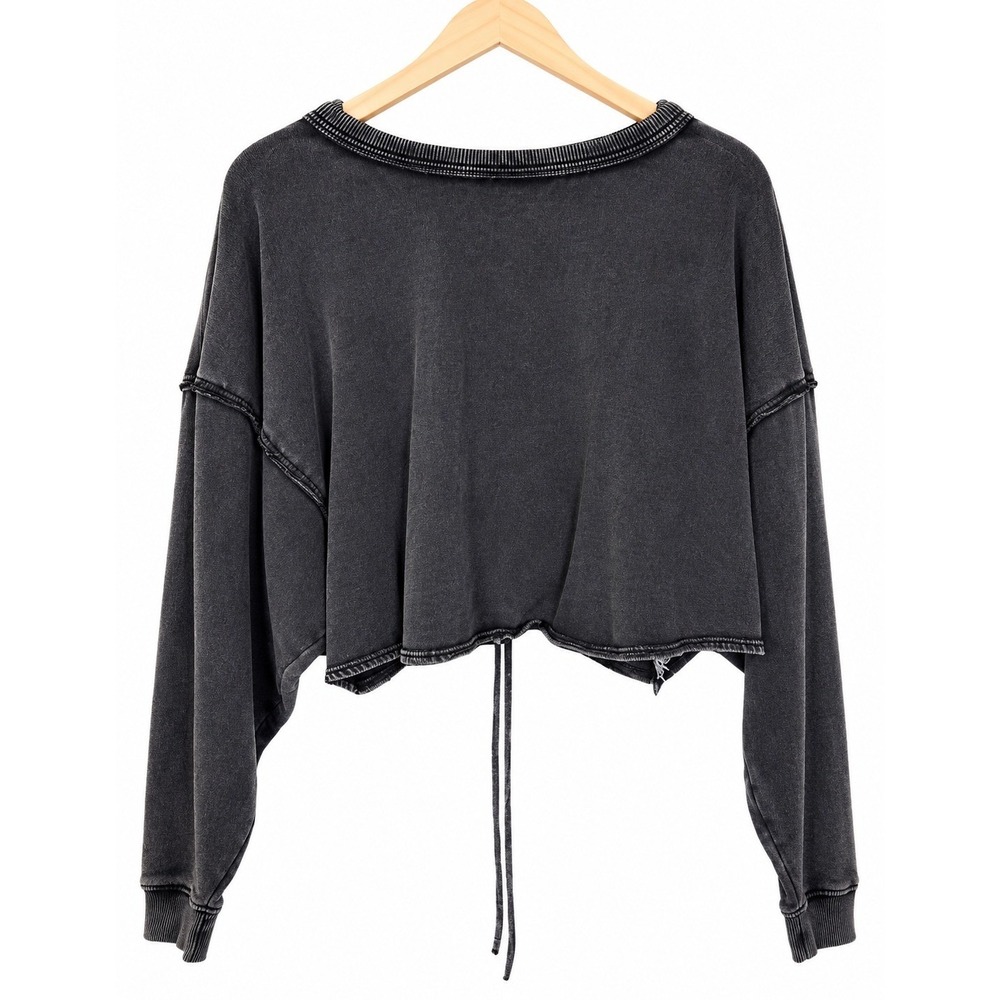 Free People Bae Pullover Dropped Shoulder Washed Black Ruched Drawstring